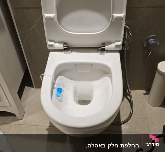 אסלה לבנה עם מושב פתוח וחומר ניקוי
